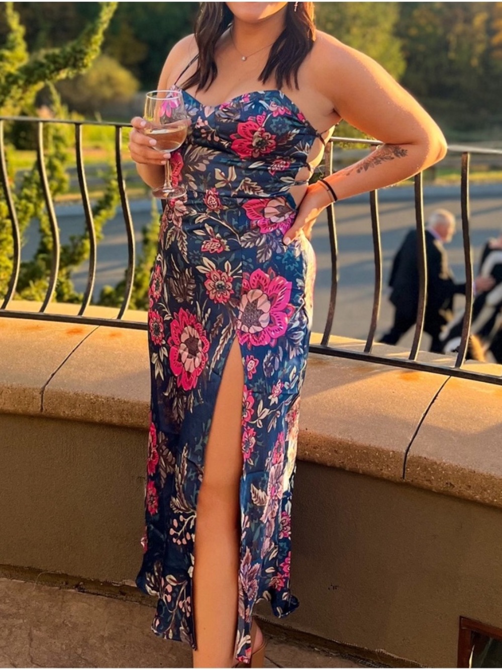 Forever 21 size 1X Navy Satin Floral Bustier Midi Dress with Pink Flowers event